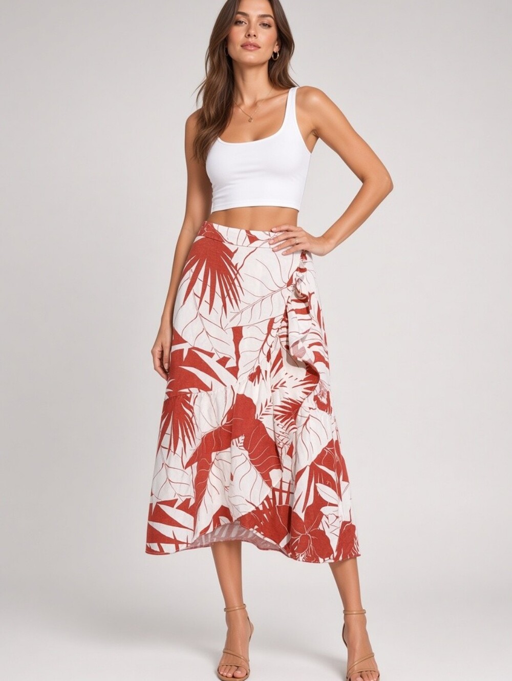 Size 0 Madewell Linen Blend Tropical Coral & White Midi Wrap Skirt